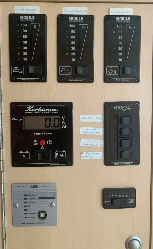 Bedienpanel im Campervan mit Anzeigen für Trinkwasser, Brauchwasser, Abwasser, Batterieleistung und LPG.