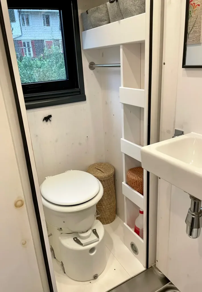 Kleines Campervan Bad mit Trockentrenntoilette, Waschtisch und praktischem Stauraum.