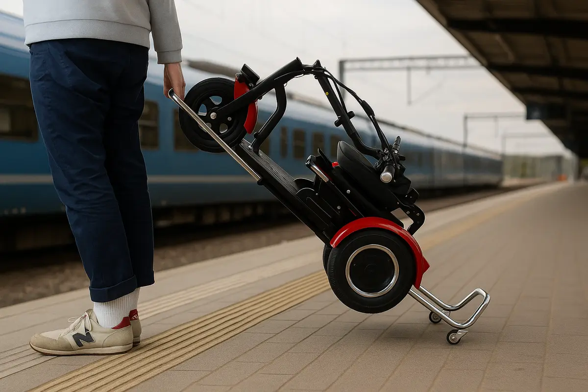 Eine Person zieht einen zusammenklappbaren roten Elektroroller auf einem Bahnsteig neben einem Zug.