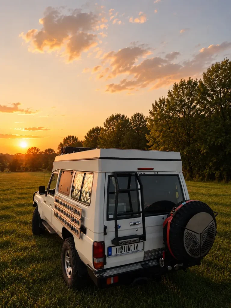 Ein weißer Toyota Land Cruiser als Expeditionsmobil mit Selbstausbau im Sonnenuntergang.