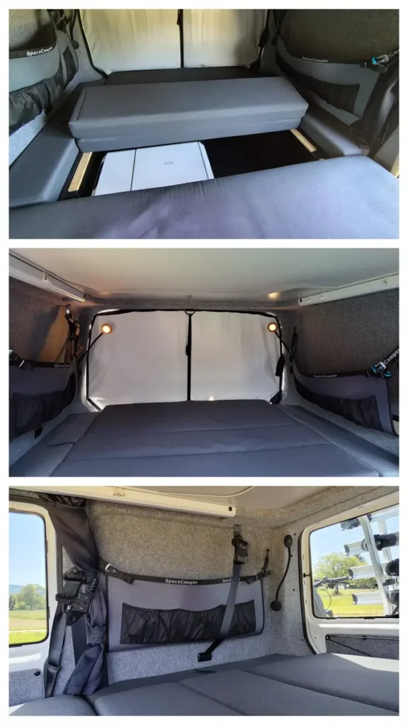 Detailansicht eines Campervan-Innenraums mit modularem Bett, Stauraum und integrierter Campingtoilette.